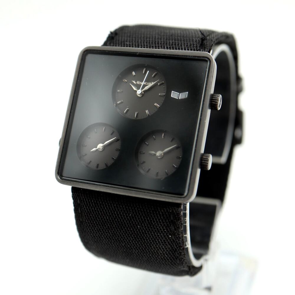 Vestal Savant Black Triple Time Zone Watch 38mm Mens Square Dial w New Battery